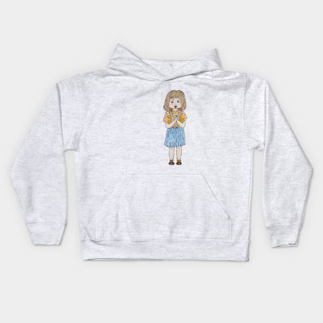 Cute little girl with brown hair and blue skirt Kids Hoodie by pollywolly